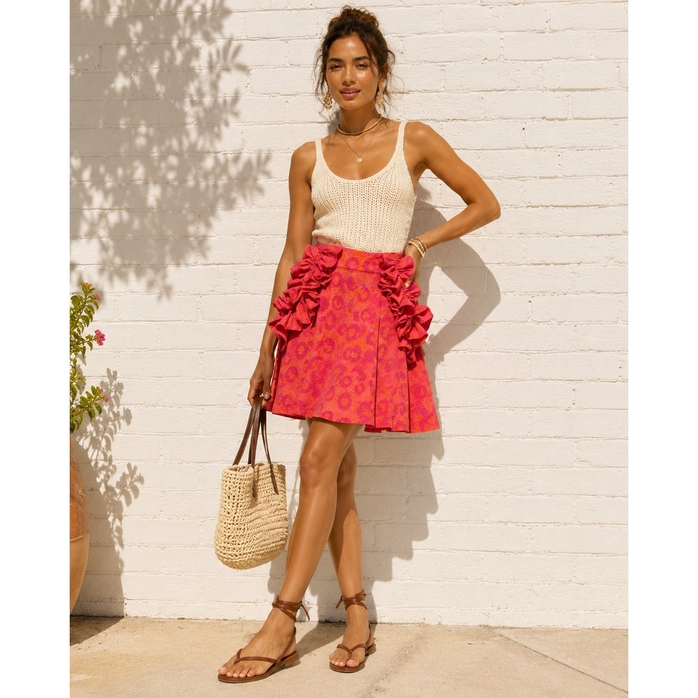 Sika‎ for Anthropologie Pink Orange Cotton Milly Ruffle Pocket Midi Skirt Size 8